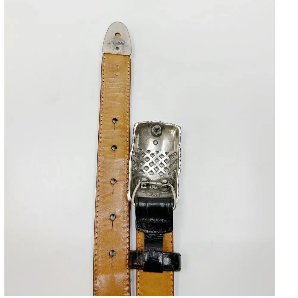 BRIGHTON Braided Woven Leather Belt Black Silver Square Buckle 90603 Womens Sz M